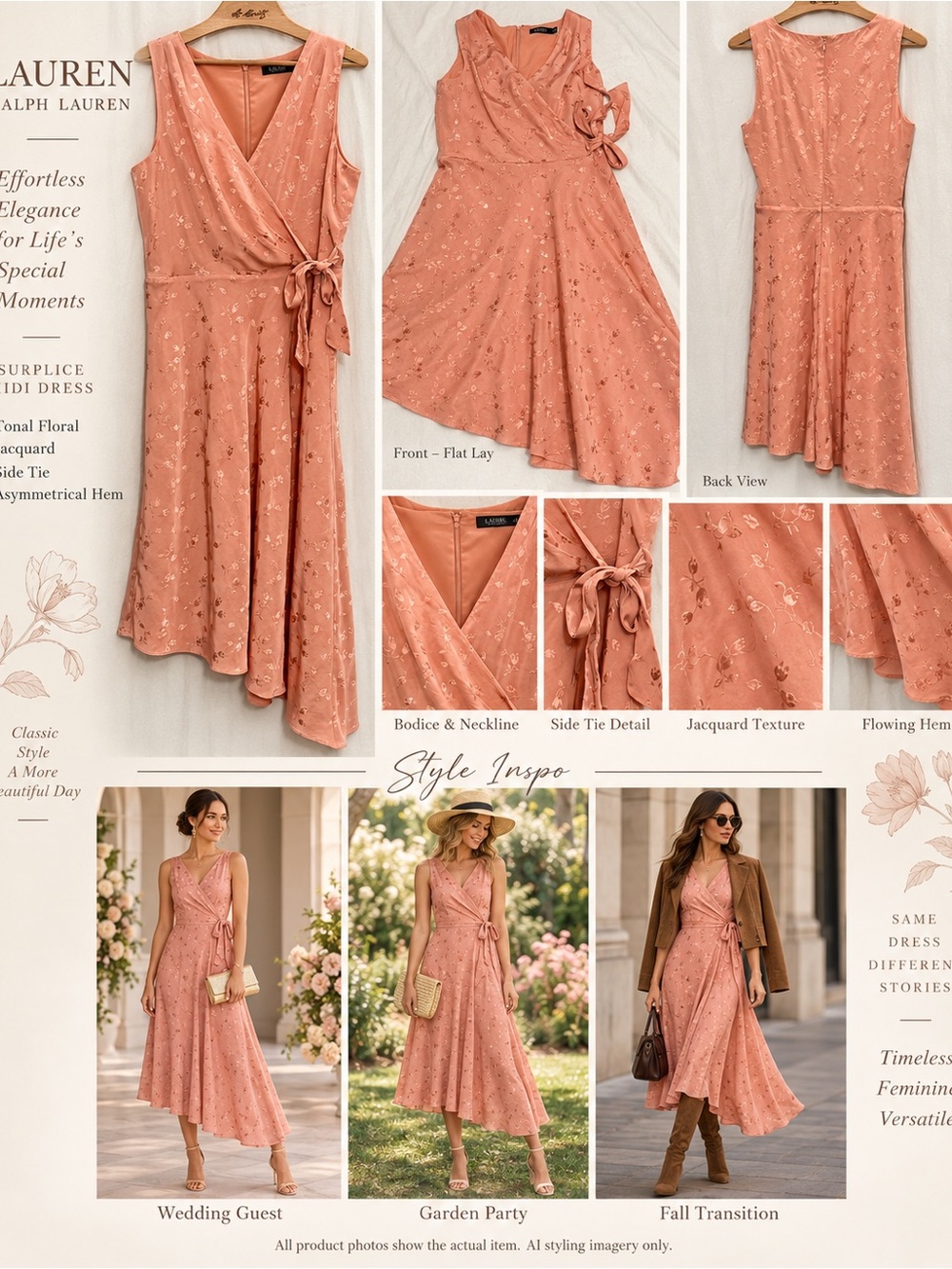 Lauren Ralph Lauren Rose Jacquard Midi Dress Sz 10 Side Tie Asymmetrical Hem EUC